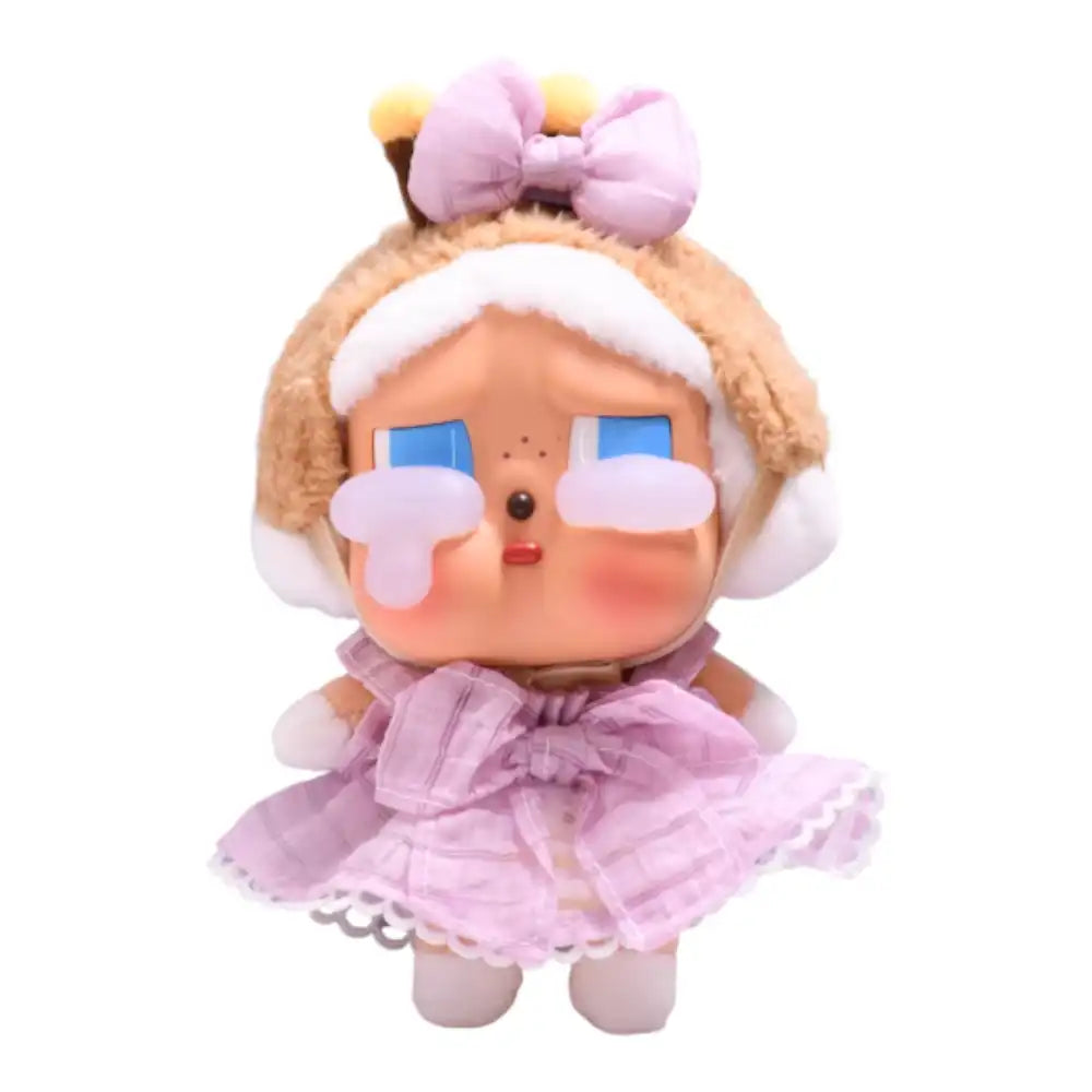 Crybaby figure wearing a complete Purple Suspender Skirt Outfit, featuring a deep purple skirt with attached suspenders.