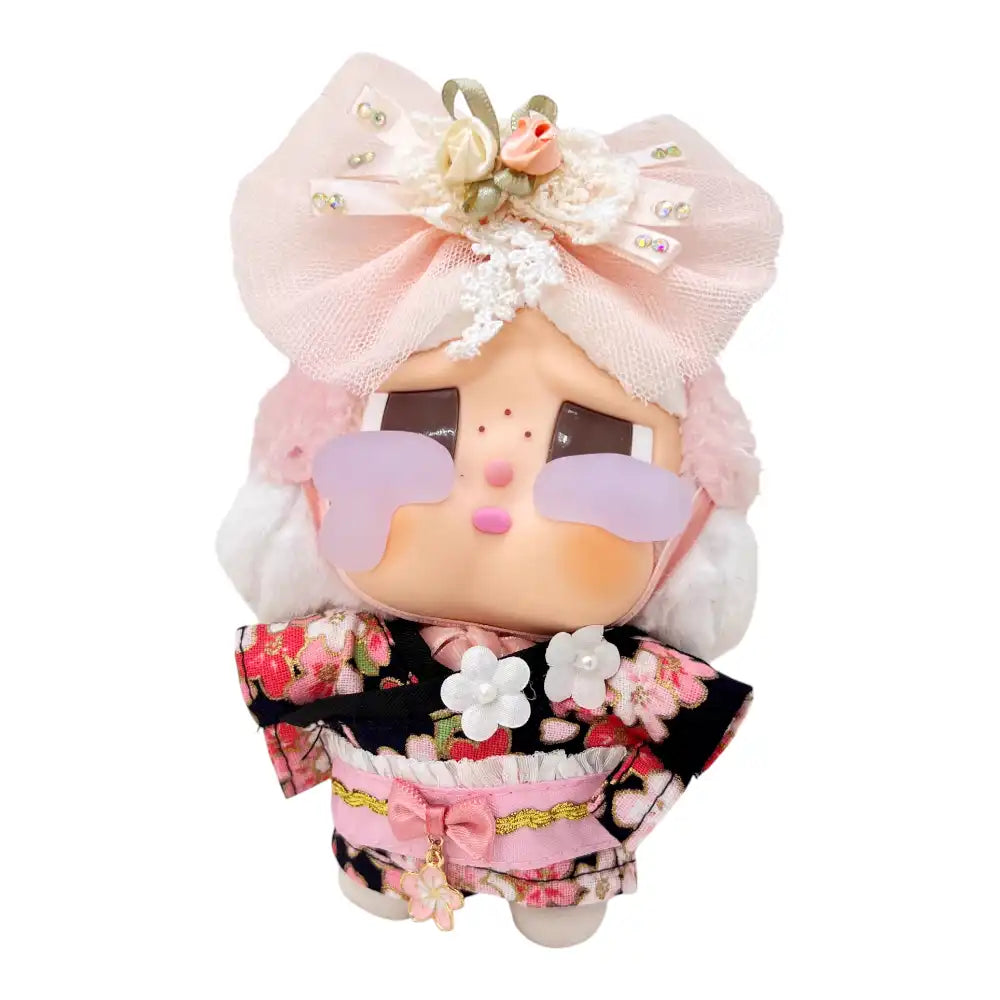 Crybaby figure wearing a 3-piece Kimono Outfit, featuring a miniature kimono garment, obi (sash), and a traditional head accessory.