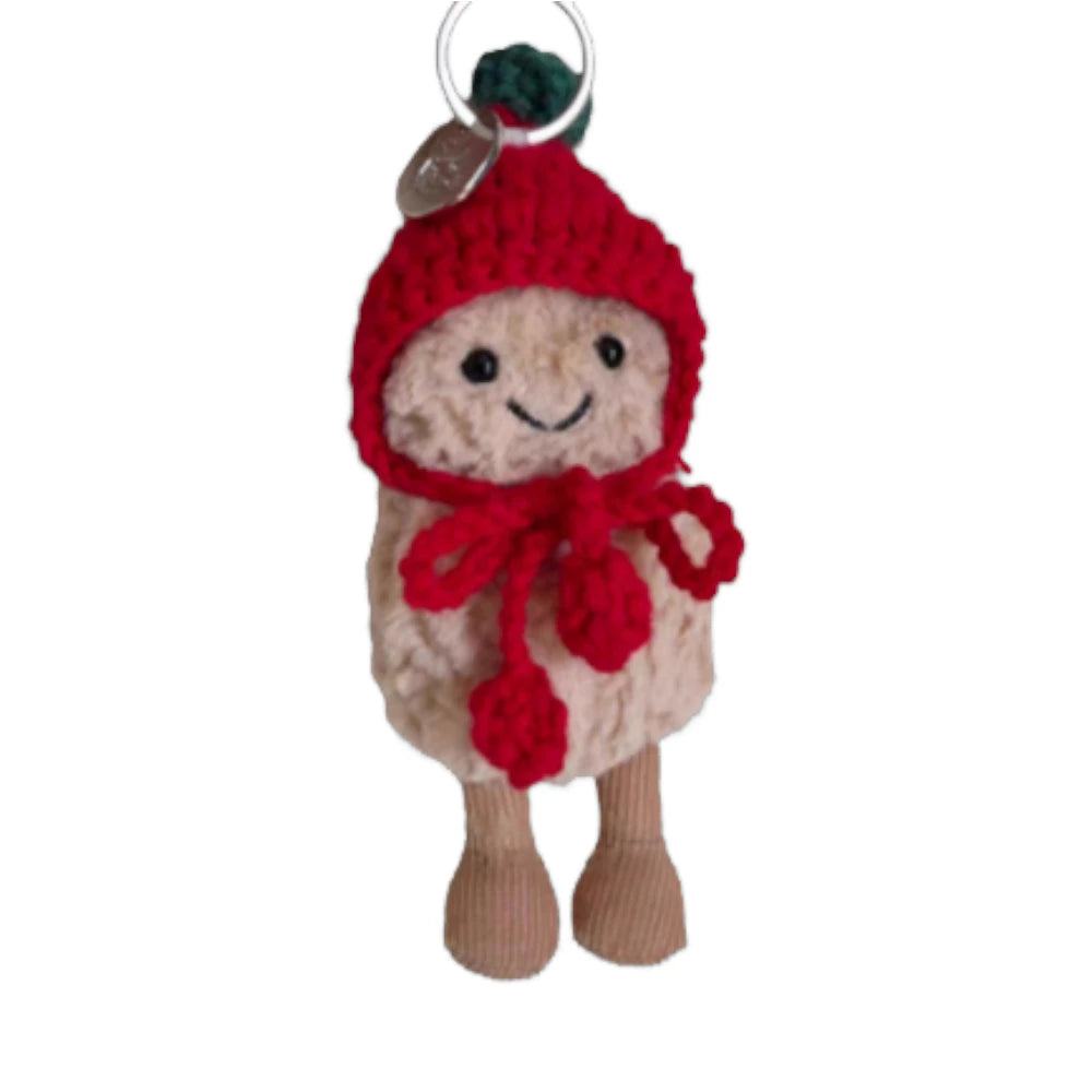 Jellycat Amuseables Peanut keychain wearing a knitted beanie head cover in a specific color (e.g., red, orange, light brown, or dark brown).