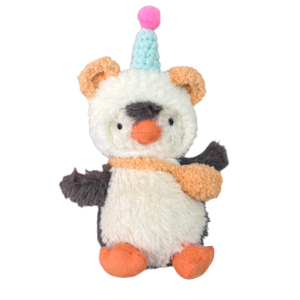 Jellycat Peanut Penguin Bag Charm wearing a unicorn-themed head cover and holding a matching small bag.