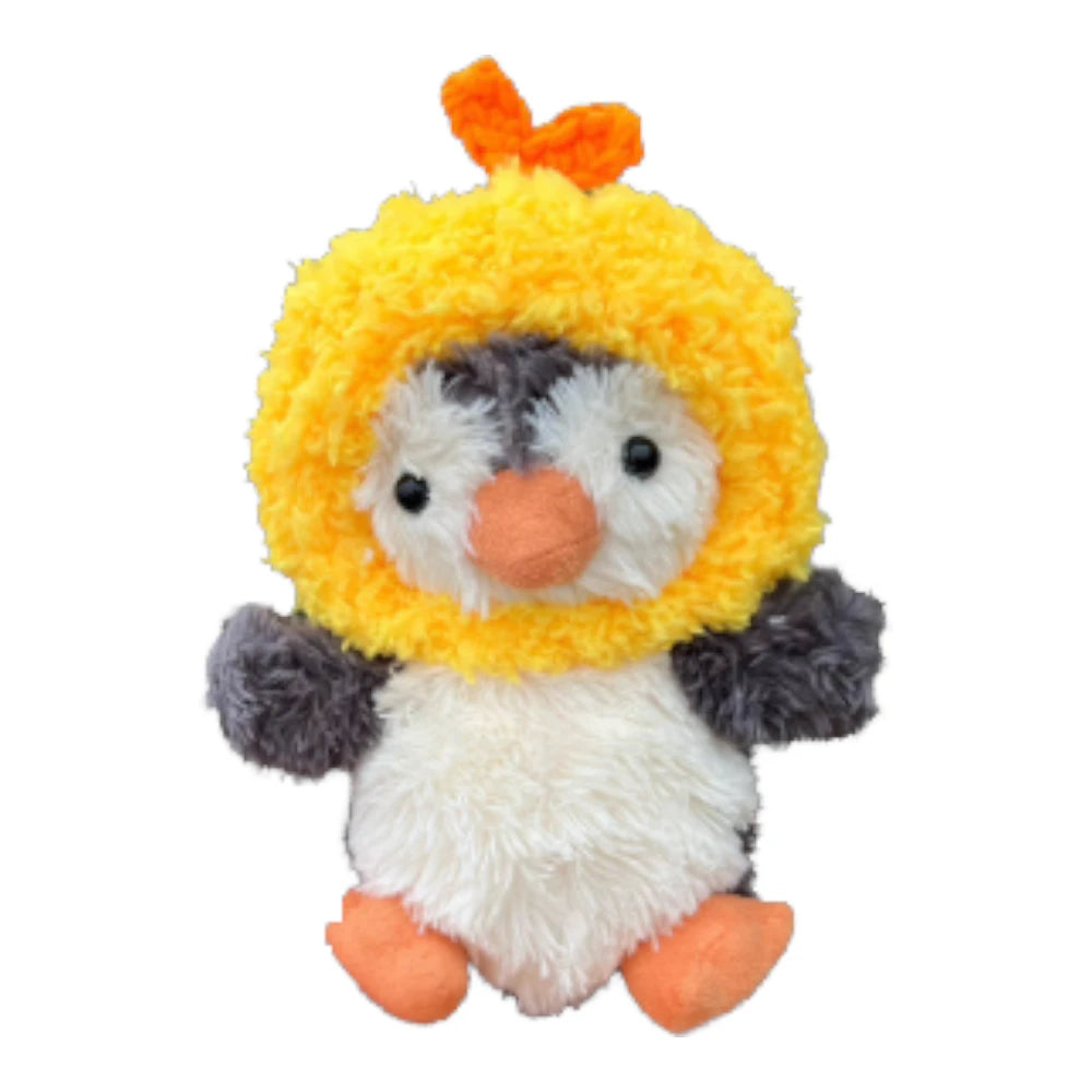 Jellycat Peanut Penguin Bag Charm wearing a fried shrimp-themed head cover.