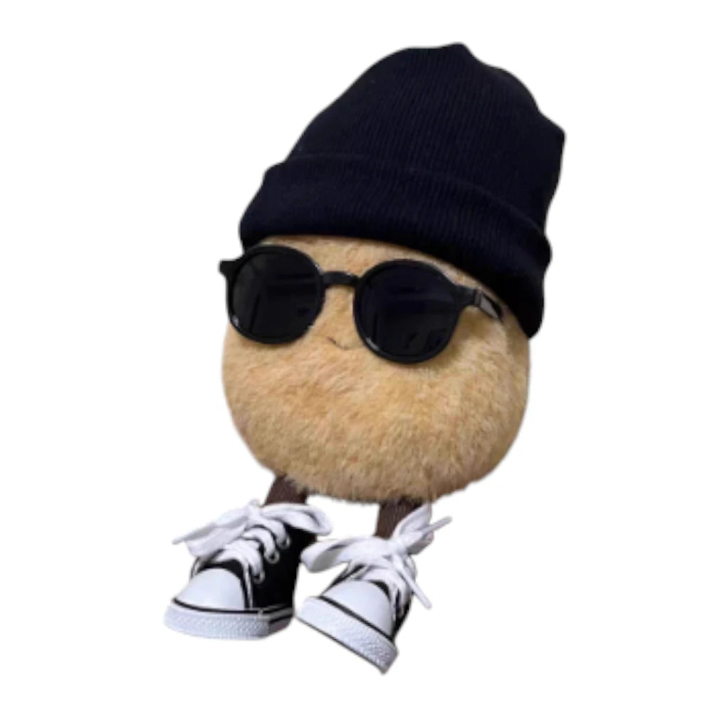 Jellycat Amuseables Potato plush wearing a beanie, sunglasses, and a miniature sneaker.
