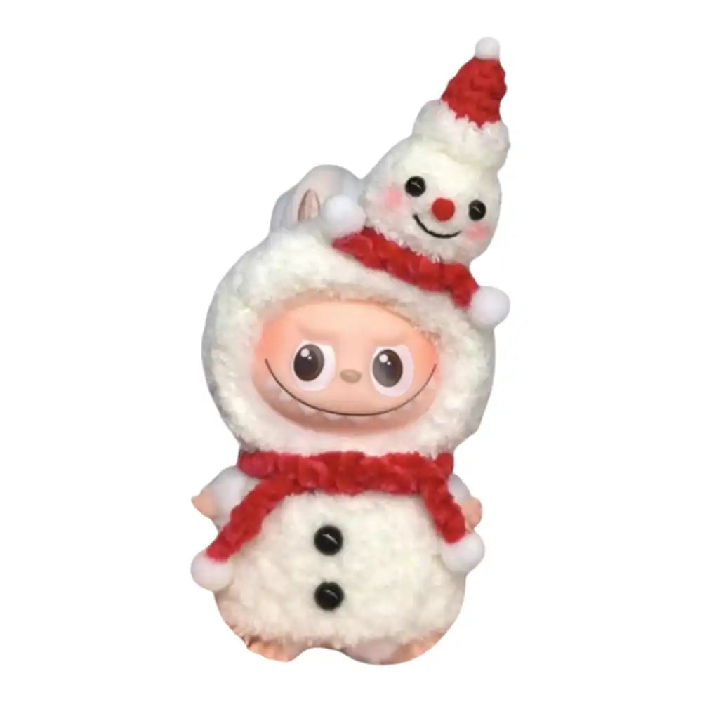 Labubu 4.0 figure wearing a complete Christmas Snowman themed outfit, featuring classic winter details like a carrot nose and coal buttons.