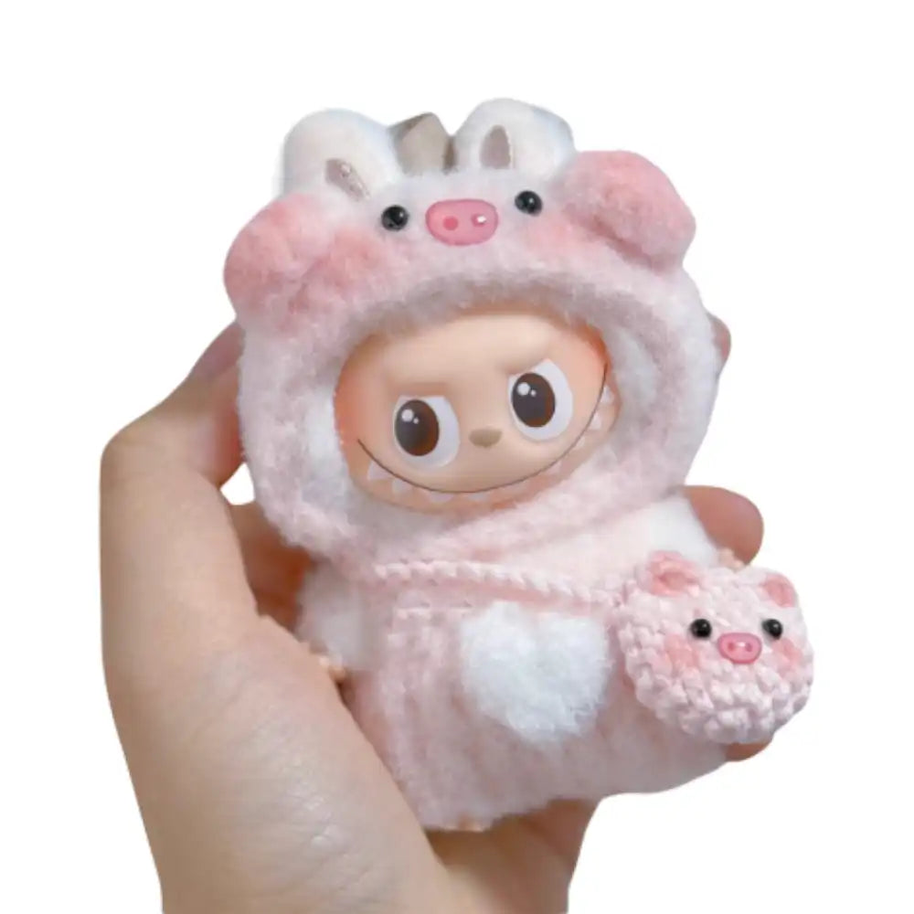 Labubu 4.0 figure wearing a complete Piggy-themed outfit, featuring pink fabric and miniature pig ears and snout details.