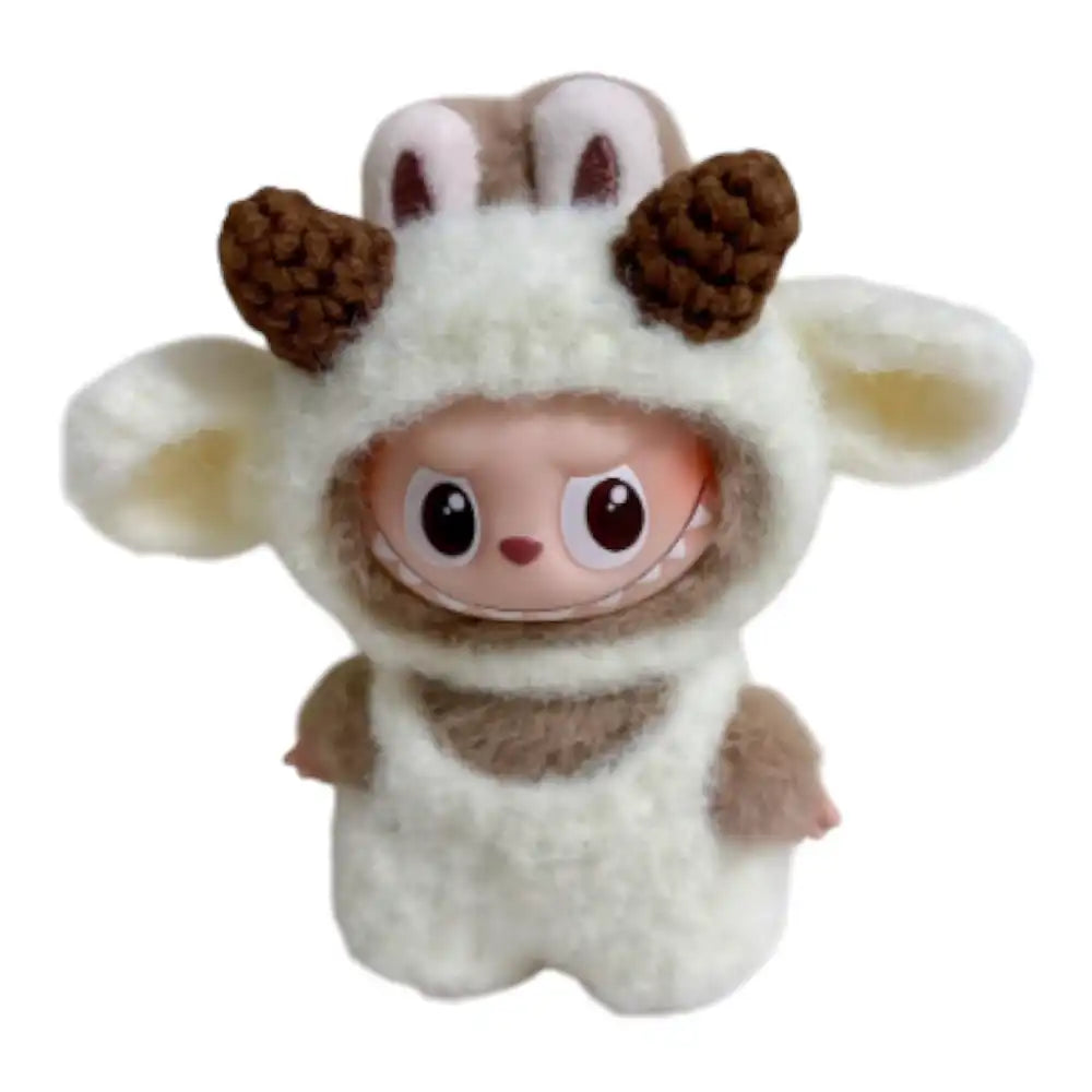 Labubu 4.0 figure wearing a complete Goat-themed outfit, featuring horns, a beard, and rustic brown and white fabric.