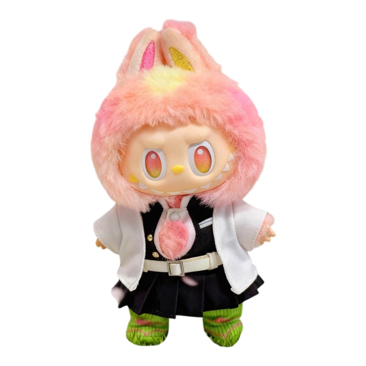 Labubu wearing a Mitsuri Kanroji style outfit, featuring a white uniform top, a pleated skirt, a white belt, and miniature boots.