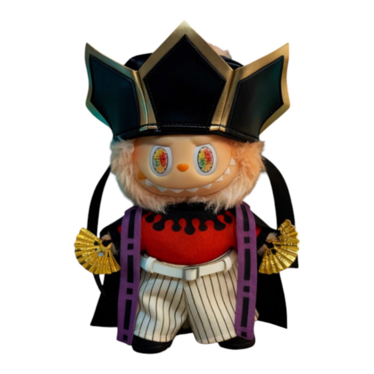 Labubu wearing a detailed Douma style outfit, featuring a patterned uniform top, pants, belt, flowing cape, elaborate headpiece, miniature shoes, two golden fan accessories, and applied eye decals.