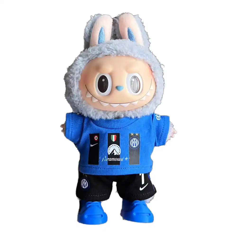 Labubu plush toy wearing a custom Inter Milan Football Club jersey outfit with a chosen number, including a black and blue striped replica jersey and matching shorts.