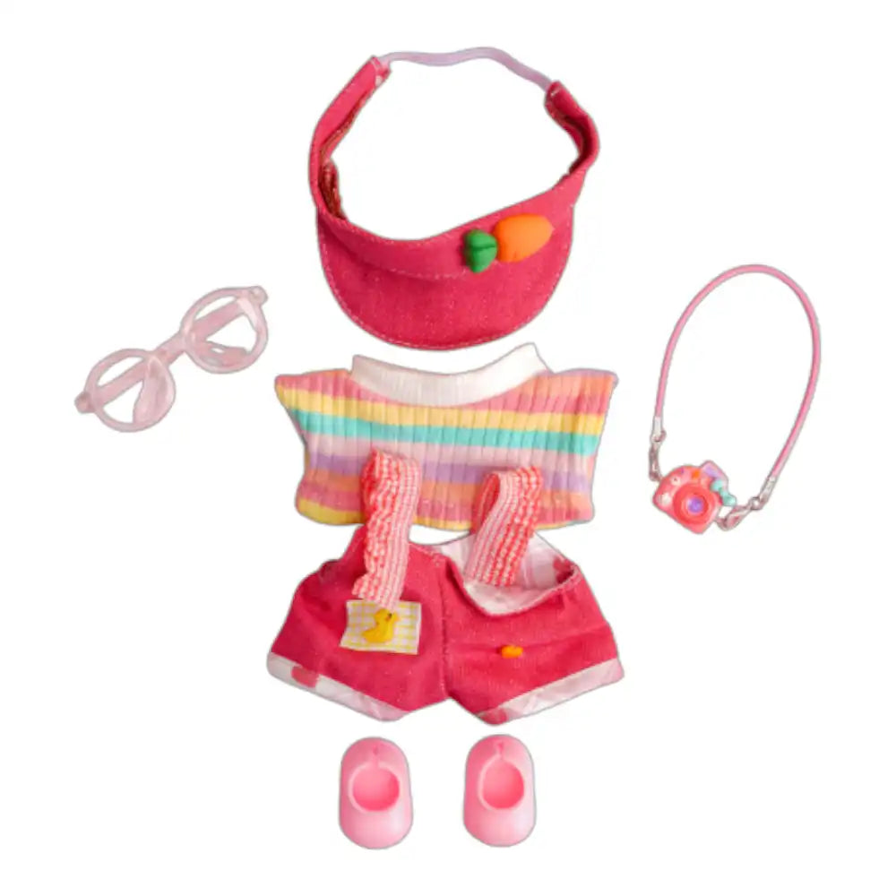 Labubu Pink Overalls w/ Rainbow Sweater Outfit (Full Set 6 Items) - Plushion