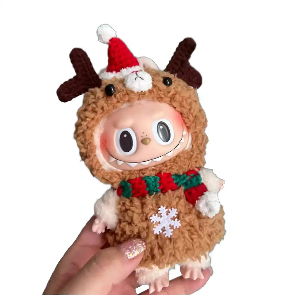 Labubu plush toy wearing a complete reindeer-themed Outfit, designed to capture the cozy and playful spirit of Christmas.