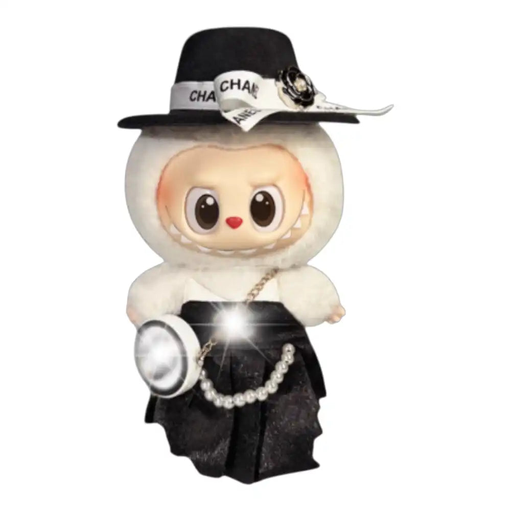 Labubu plush toy wearing a complete 4-piece Jennie Inspired Dress Outfit, including a hat, dress, shoes, and a small bag.