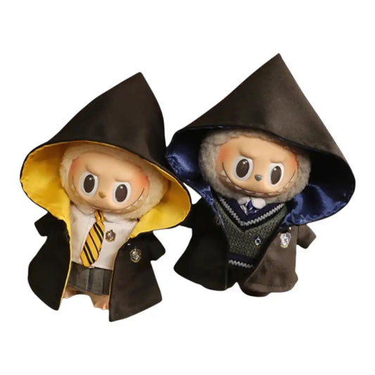 Labubu plush toy wearing a Harry Potter Hogwarts uniform outfit, featuring a black robe, house-specific sweater, white shirt, and bottoms, representing one of the four houses.