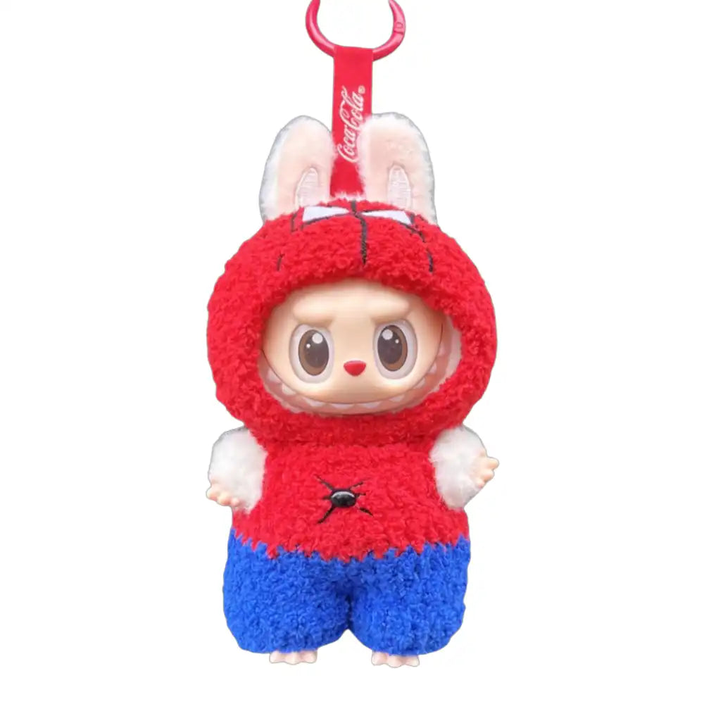 Labubu plush toy wearing a complete Spiderman Outfit, featuring the iconic red and blue suit design.