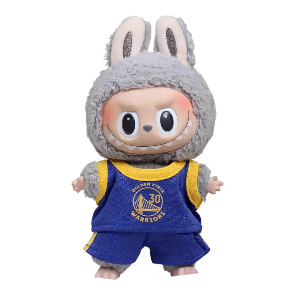 Labubu plush toy wearing the complete NBA Golden State Warriors No. 30 outfit, featuring a replica jersey and matching shorts.