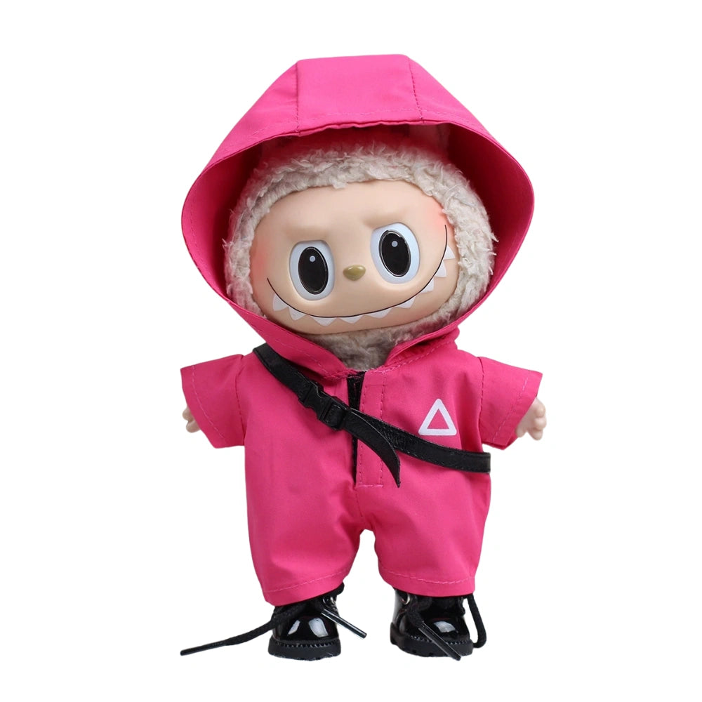 Labubu plush toy wearing a pink Squid Game Guard jumpsuit and black boots.