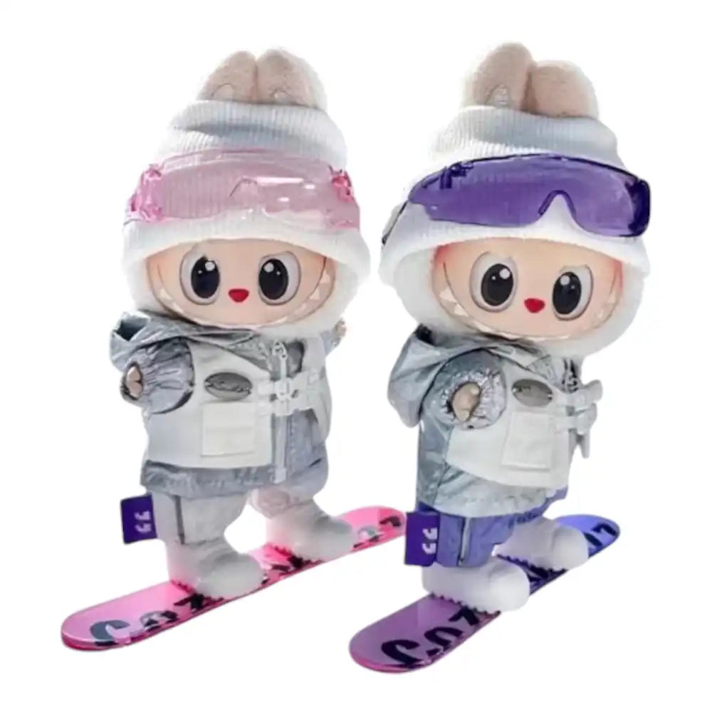 Labubu plush toy wearing a full 5-item Ski Suit Sports Outfit, including a ski hat, goggles, top, pants, and a miniature snowboard, available in various vibrant colors.