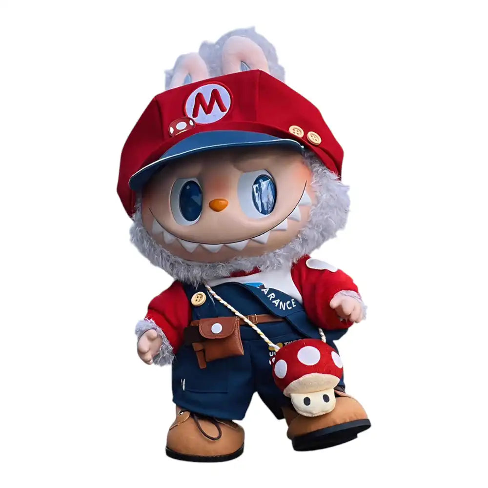 Labubu plush toy wearing the complete 5-piece Super Mario Mario outfit, featuring Mario's cap, red top, blue overalls, shoulder bag, and shoes.