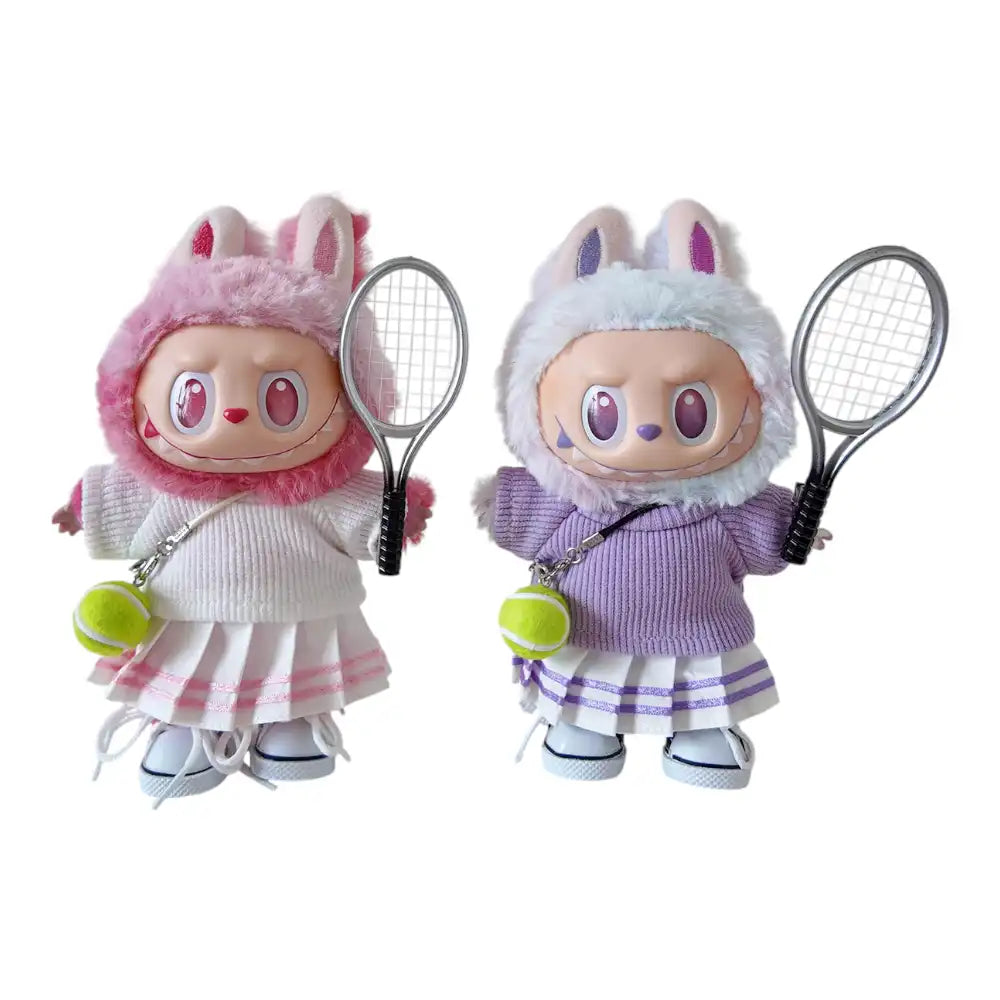 Labubu plush toy wearing a full 5-item Tennis Style Outfit, including a tennis top, skirt, shoes, tennis ball, and racket, available in Pink and Purple.