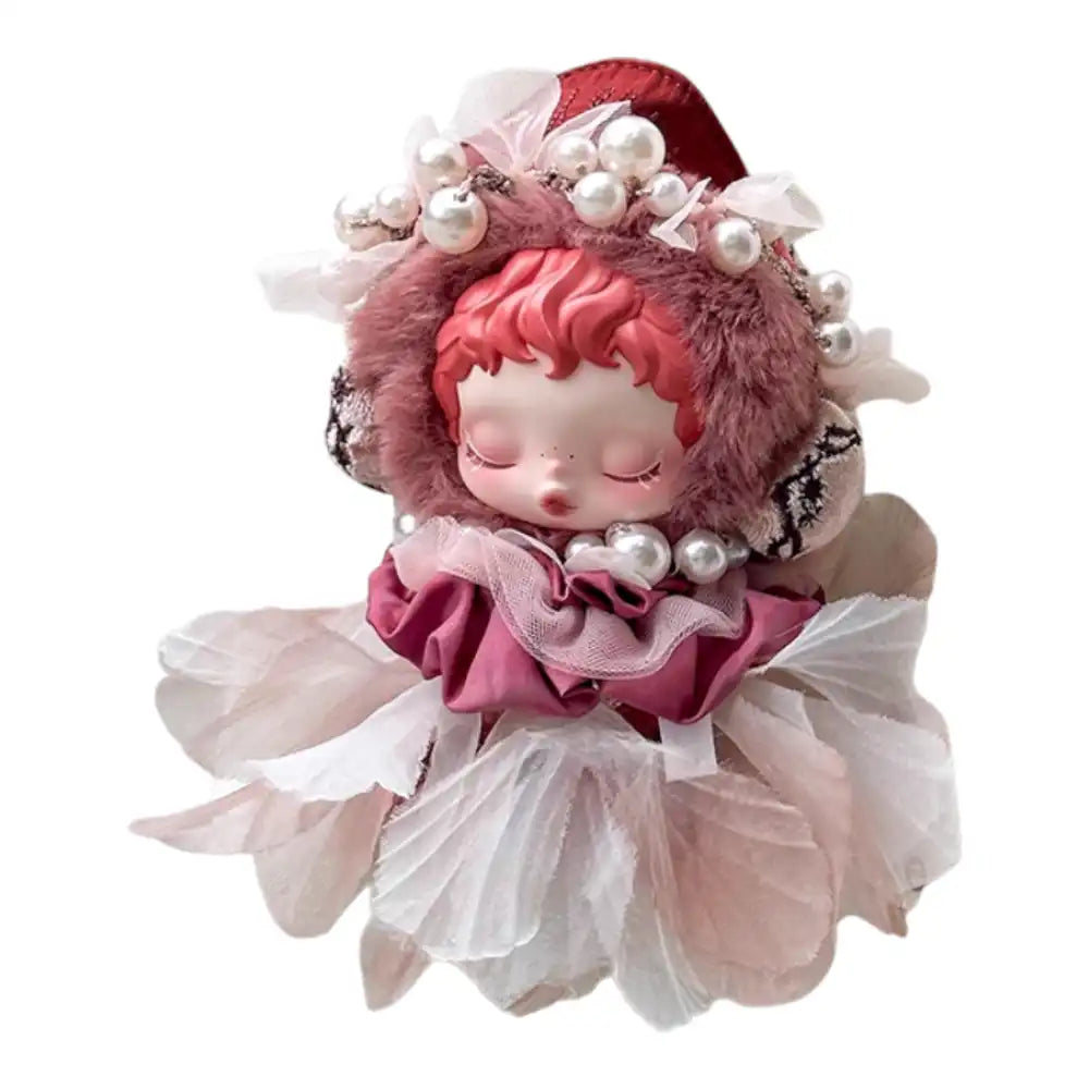 Skullpanda plush figure wearing the Red Petals Outfit, featuring a pearl-embellished hood and a layered dress with petal-shaped sheer fabric skirt.