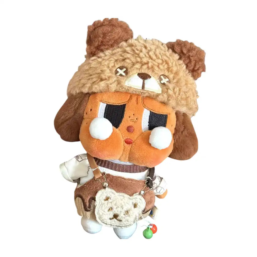 Crybaby figure wearing a 3-piece Brown Bear Outfit, including overalls, a shirt, and a bear-eared hat.