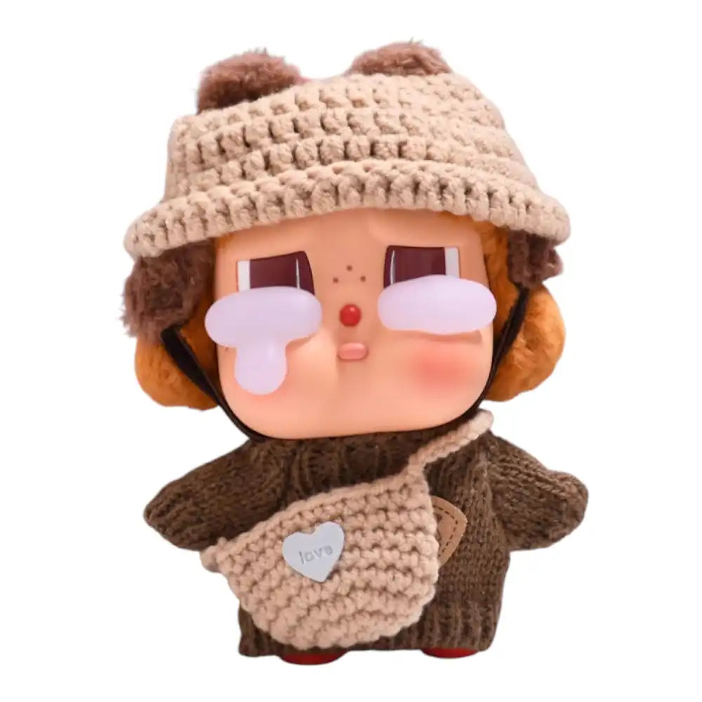 Crybaby figure wearing a 3-piece Brown Sweater Outfit set, including a brown top, matching hat, and small bag accessory.
