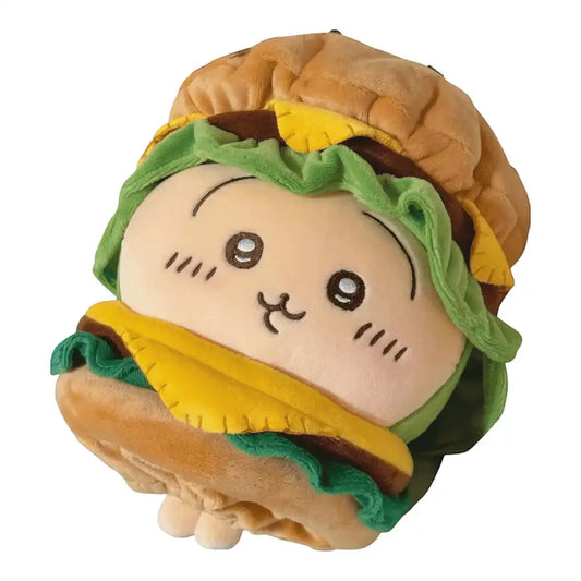 Chiikawa 10cm plush toy wearing a complete burger-themed outfit, featuring layers of a burger bun, patty, and toppings.