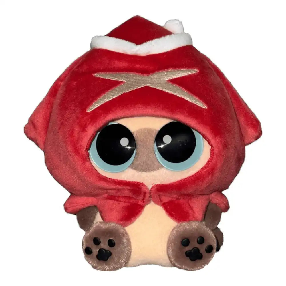 Chiikawa 10cm plush toy wearing a white and pink grilled squid-shaped head cover accessory.