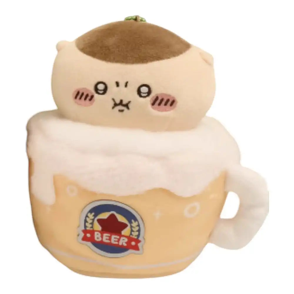 Chiikawa 10cm plush toy wearing a complete beer mug-themed outfit, featuring a clear mug body and white frothy head.