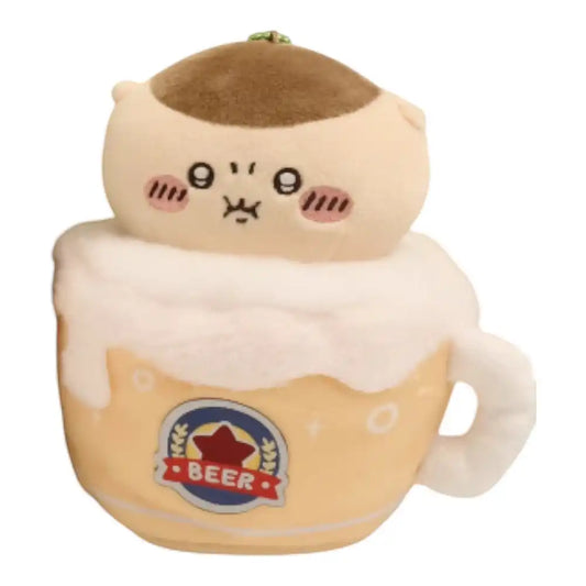 Chiikawa 10cm plush toy wearing a complete beer mug-themed outfit, featuring a clear mug body and white frothy head.