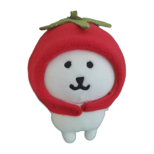 Chiikawa 10cm plush toy wearing a red, glossy candied tomato-shaped head cover accessory.