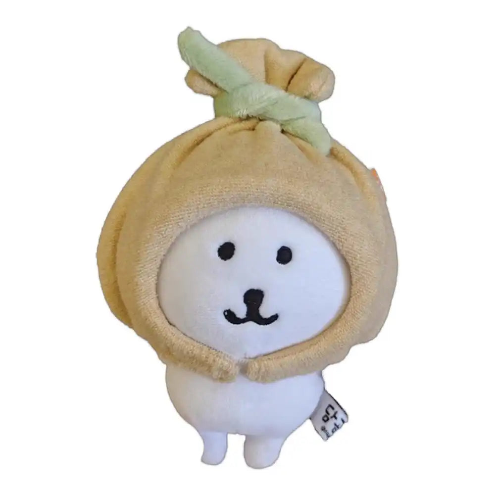 Chiikawa 10cm plush toy wearing a white tofu block head cover accessory, partially enclosed in a red lucky bag.