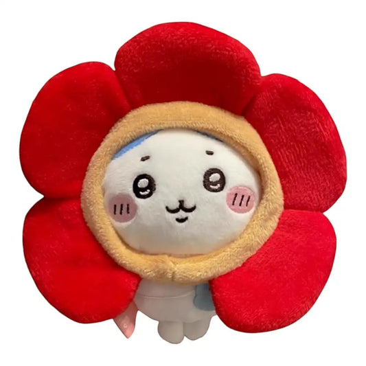 Chiikawa 10cm plush toy wearing a yellow and brown sunflower-shaped head cover accessory.