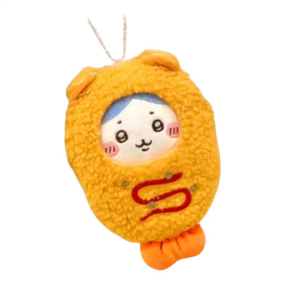 Chiikawa 10cm plush toy wearing a golden-brown fried shrimp-shaped head cover accessory.