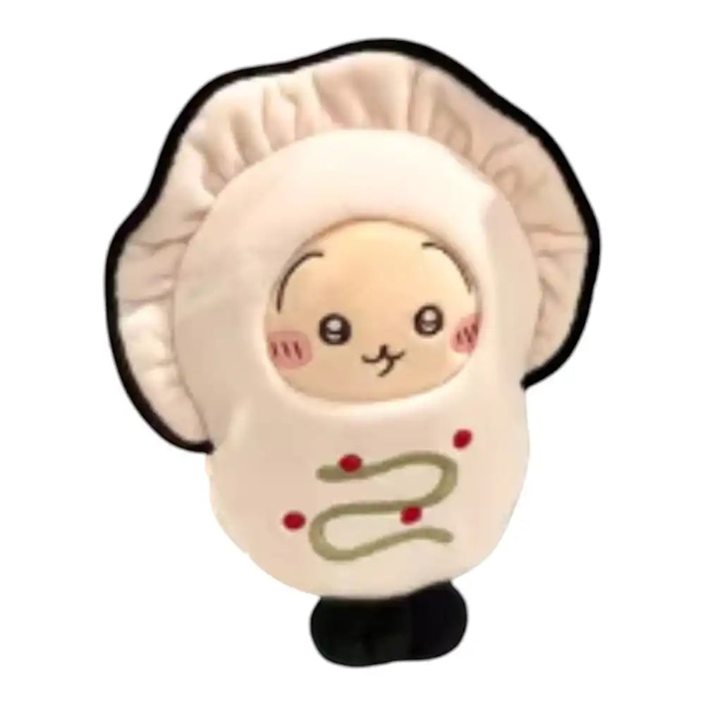 Chiikawa 10cm plush toy wearing a green wasabi and grey oyster-shaped head cover accessory.
