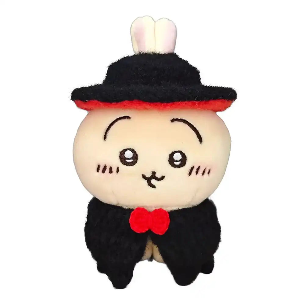 Chiikawa 10cm plush toy wearing a black vampire-themed outfit with a cape and fangs.