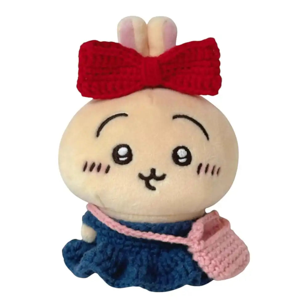 Usagi 10cm plush toy wearing a blue skirt with a red bow accessory.