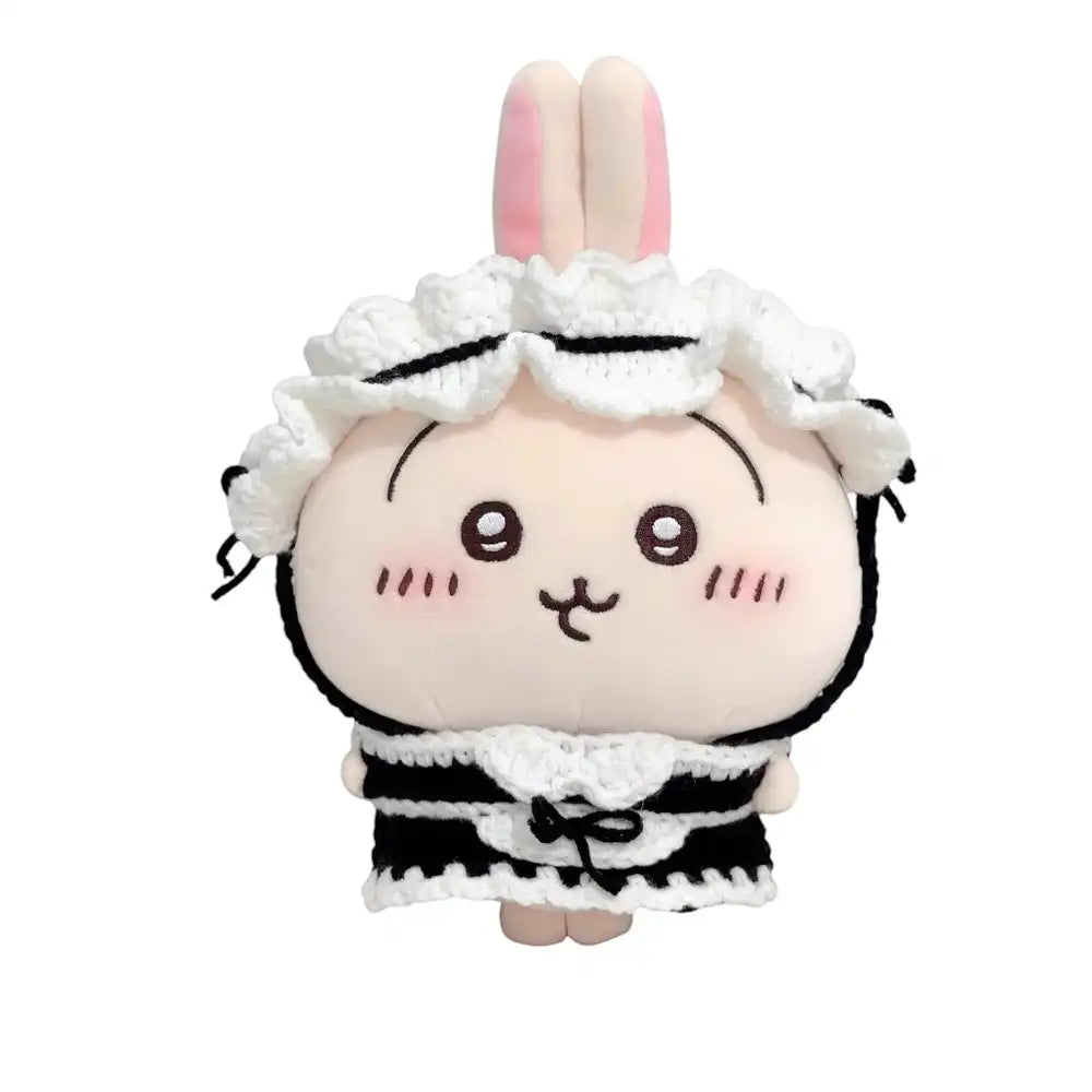 Chiikawa 10cm plush toy wearing a black and white maid-themed outfit with a lace apron and headpiece.