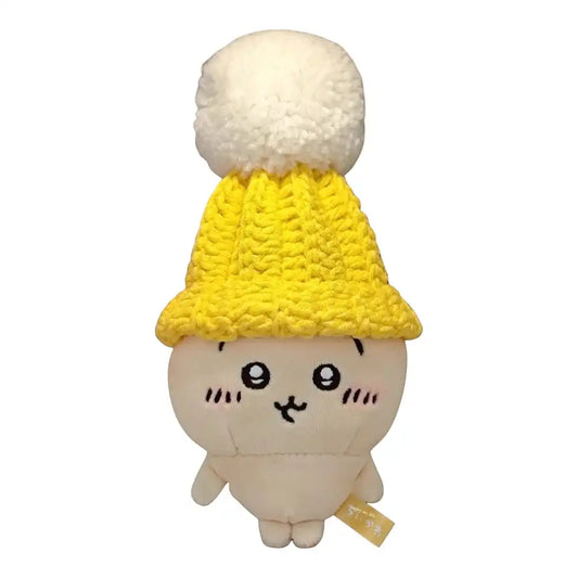 Chiikawa 10cm plush toy wearing a knitted bobble hat head cover in a specific color (e.g., yellow, pink, blue, or green).