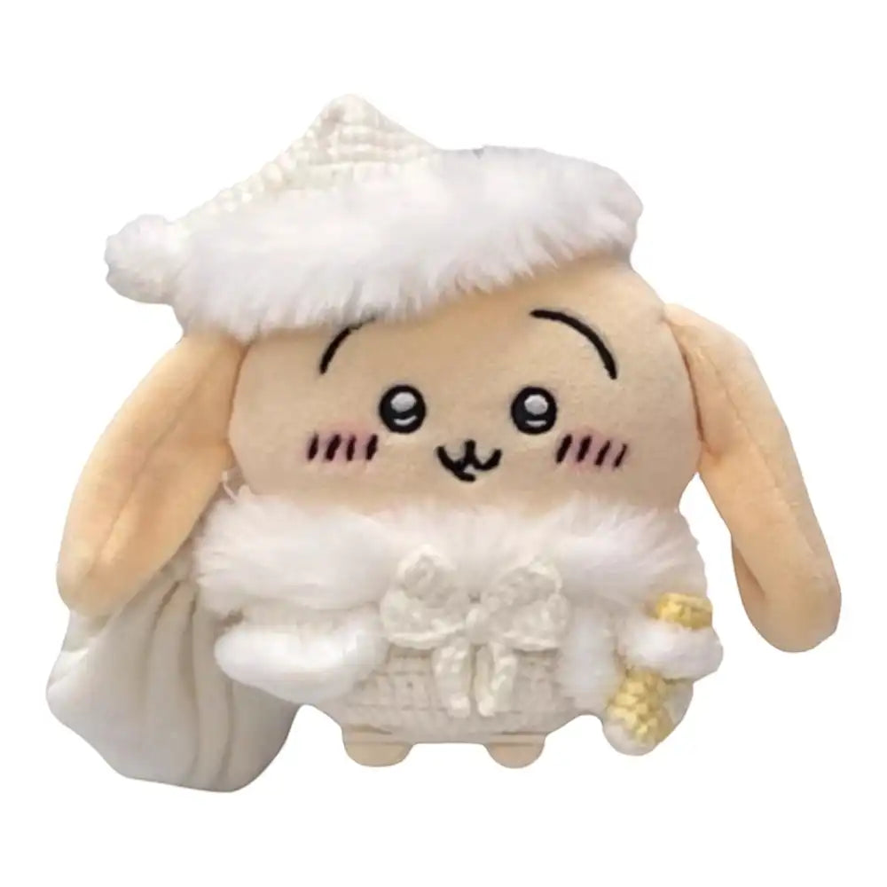 Chiikawa 10cm plush toy wearing a 4-piece Christmas-themed outfit, including a top, pants, hat, and small bag, in either white or red.