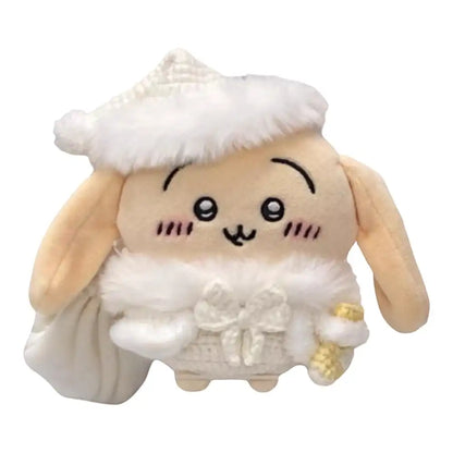 Chiikawa 10cm plush toy wearing a 4-piece Christmas-themed outfit, including a top, pants, hat, and small bag, in either white or red.