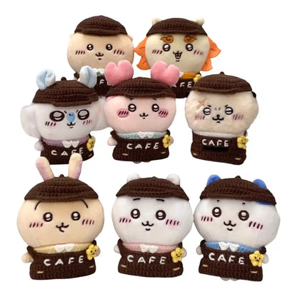 Chiikawa 10cm plush toy wearing a cafe staff uniform, typically a 3-piece set with an apron and shirt.