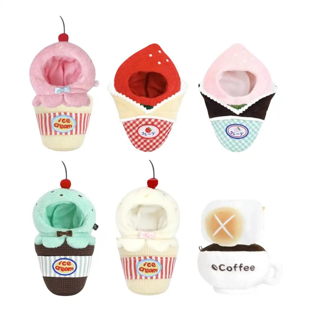 Chiikawa 10cm plush toy wearing a specific dessert-themed outfit, such as a Mint Chocolate Crepe or Strawberry Ice Cream Cone.