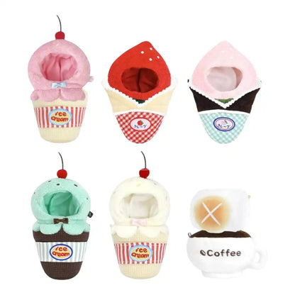 Chiikawa 10cm plush toy wearing a specific dessert-themed outfit, such as a Mint Chocolate Crepe or Strawberry Ice Cream Cone.