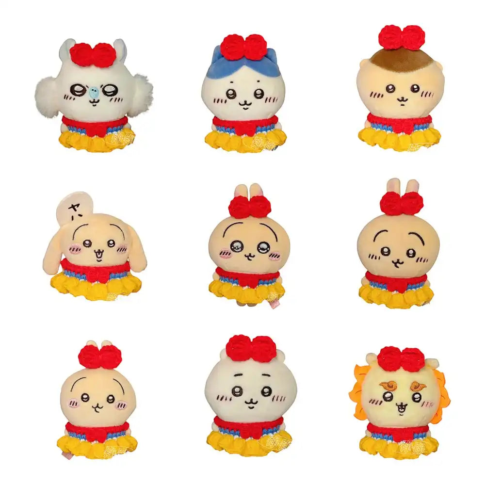 Chiikawa 10cm plush toy wearing a blue, yellow, and red Snow White-themed princess outfit.