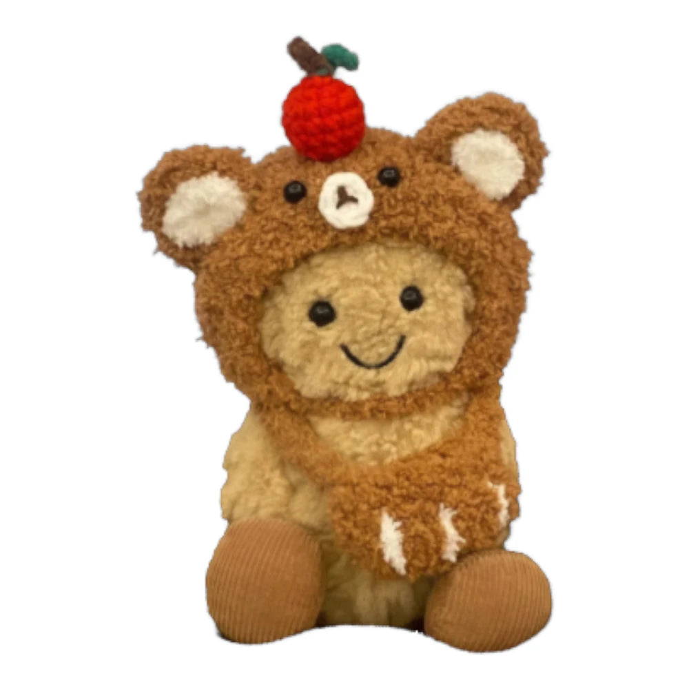 Jellycat Amuseables Peanut keychain wearing a brown bear-themed head cover and holding a matching small bag.