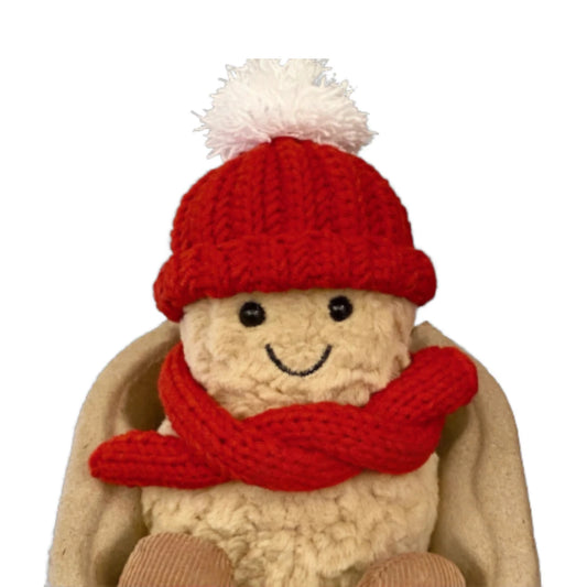 Jellycat Amuseables Peanut keychain wearing a red bobble hat head cover and a matching scarf.