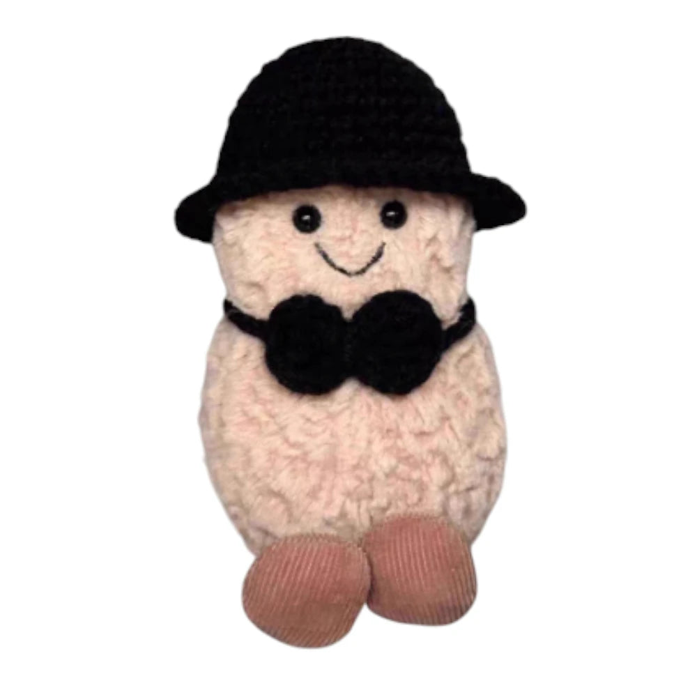 Jellycat Amuseables Peanut keychain wearing a complete black suit outfit.