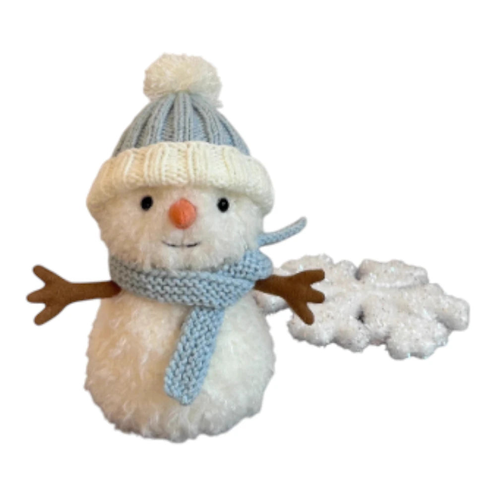 Jellycat Little Snowman plush wearing a blue bobble hat and a matching blue scarf.