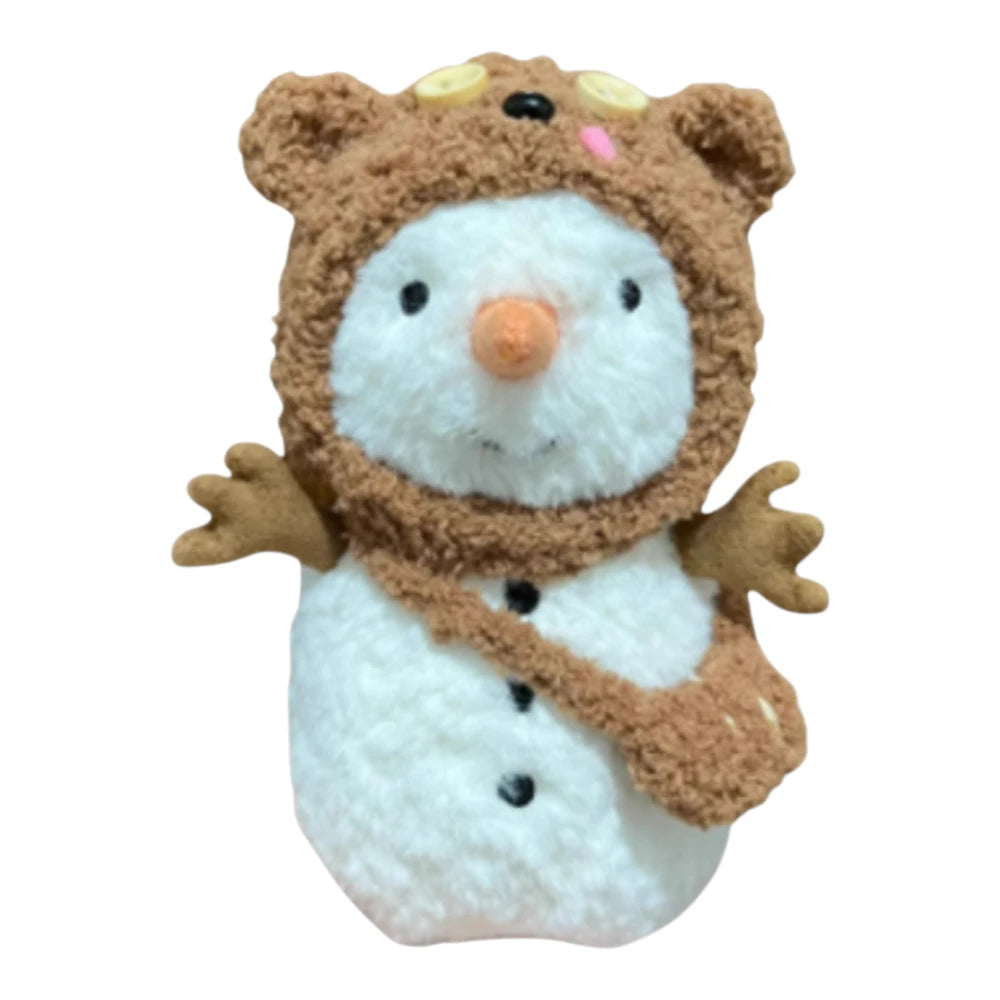 Jellycat Little Snowman plush wearing a Tim Bear-themed head cover and holding a matching small bag.