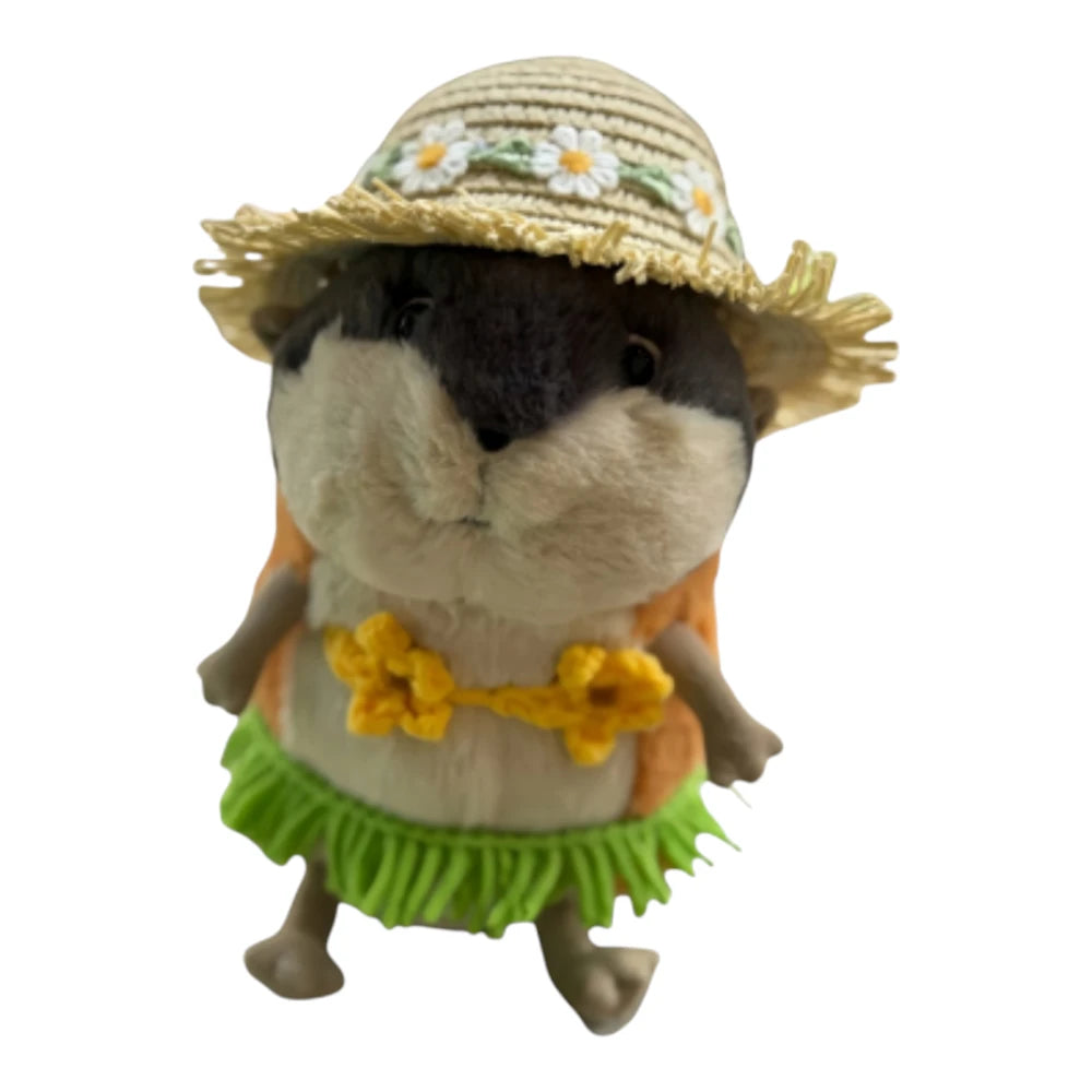 Jellycat Lambeth Lemming plush wearing a straw hat and a bikini outfit.